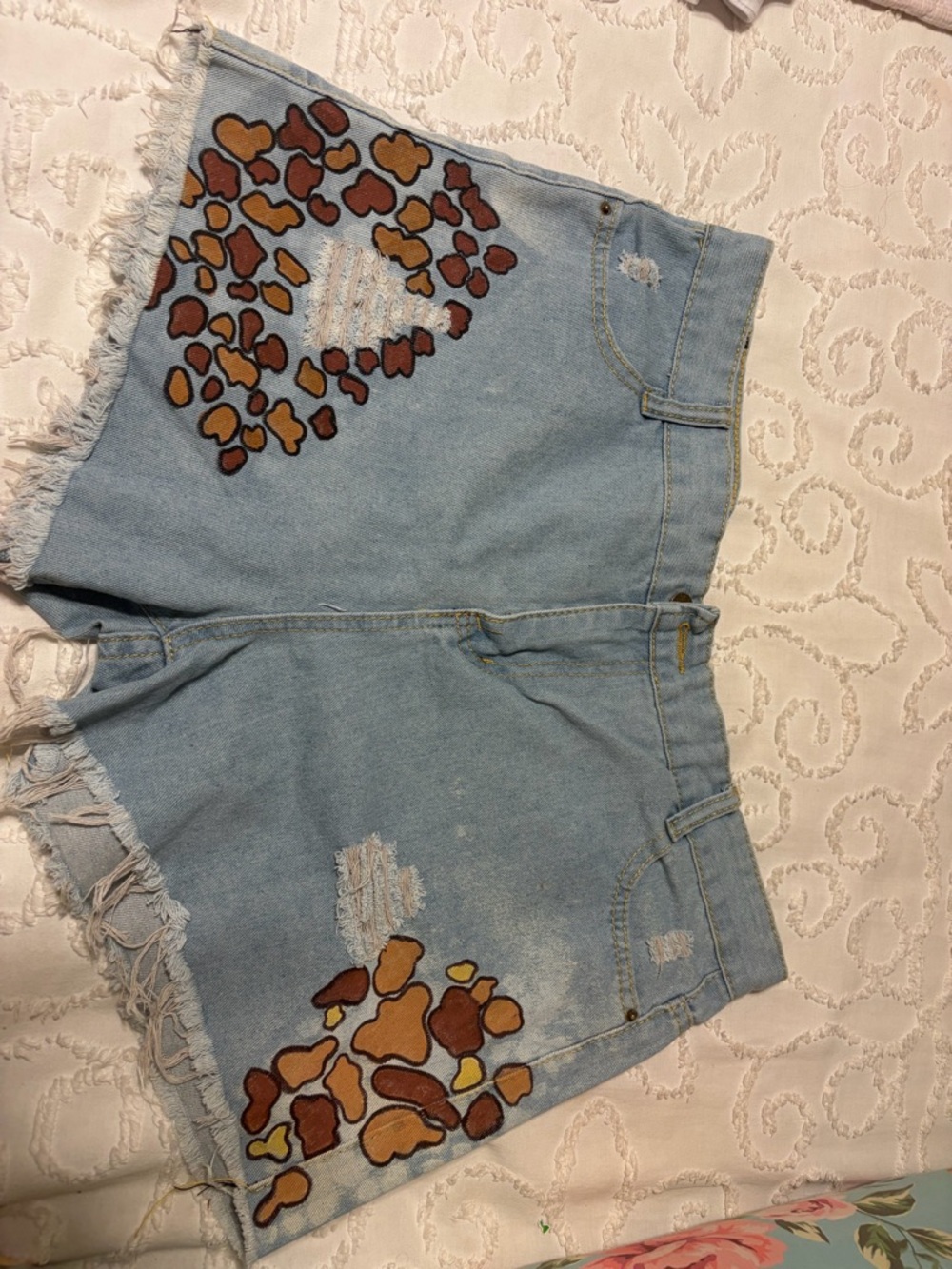 Light Blue Denim Shorts with Leopard Patch Design